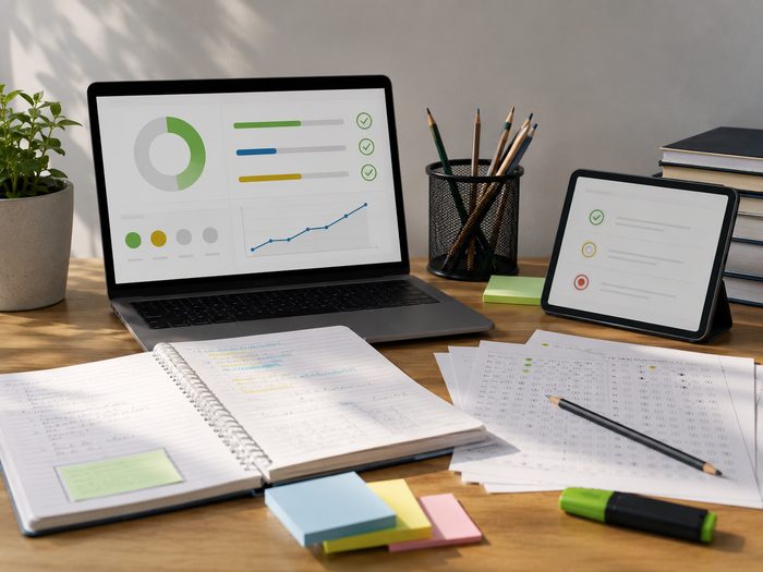 Laptop con el avance de estudio y tableta con el semáforo
