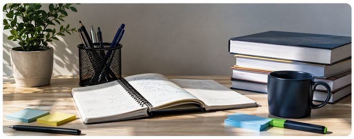 Escritorio con cuaderno de apuntes y libros